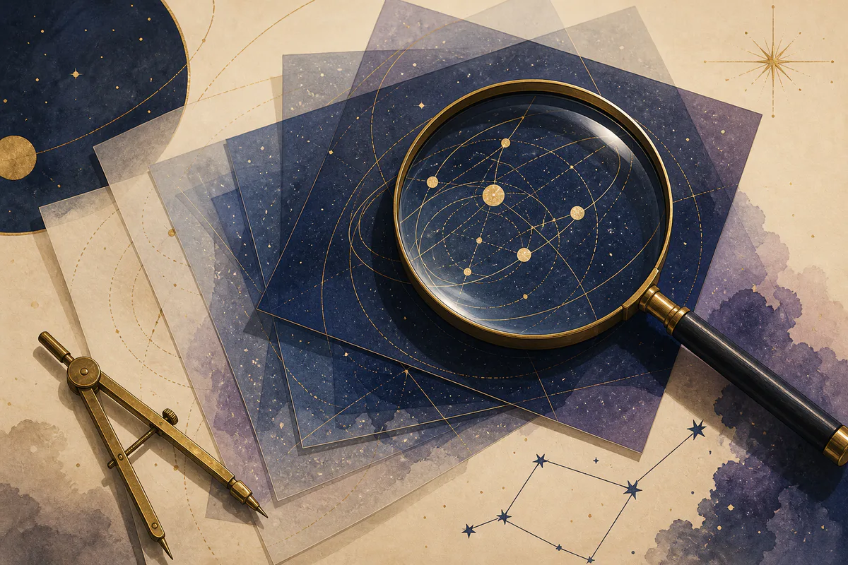 Lupa sobre camadas de uma carta celeste com órbitas e pontos conectados