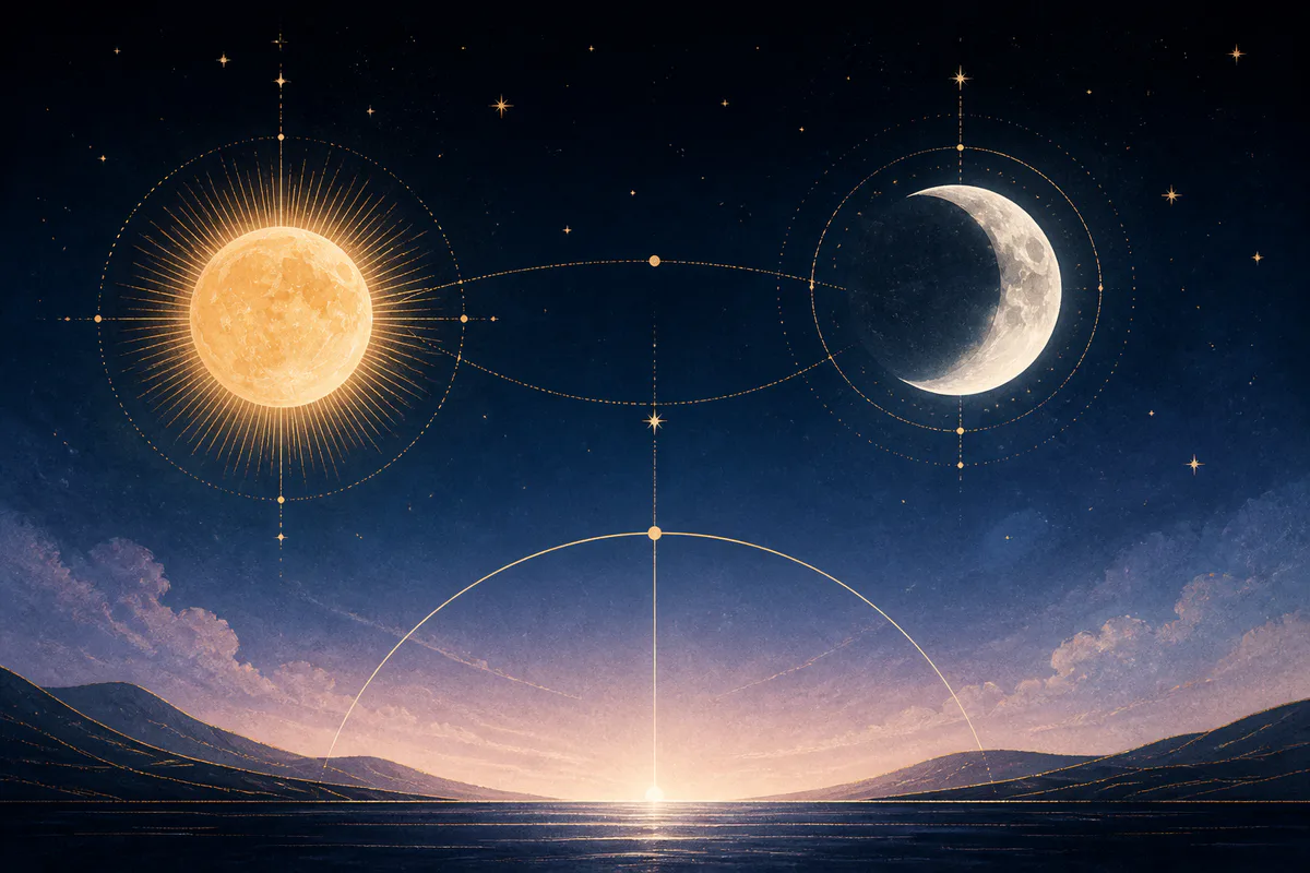 Sol, Lua crescente e horizonte ligados por linhas em uma paisagem celeste